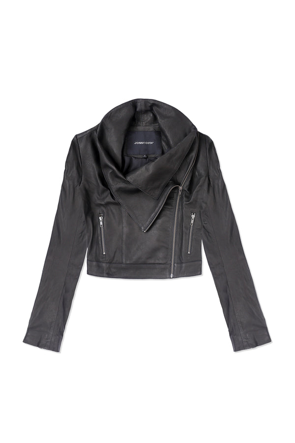 CROSSOVER LEATHER JACKET IN BLACK