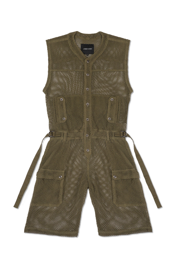 SLEEVELESS MESH JUMPSUIT IN ARMY GREEN