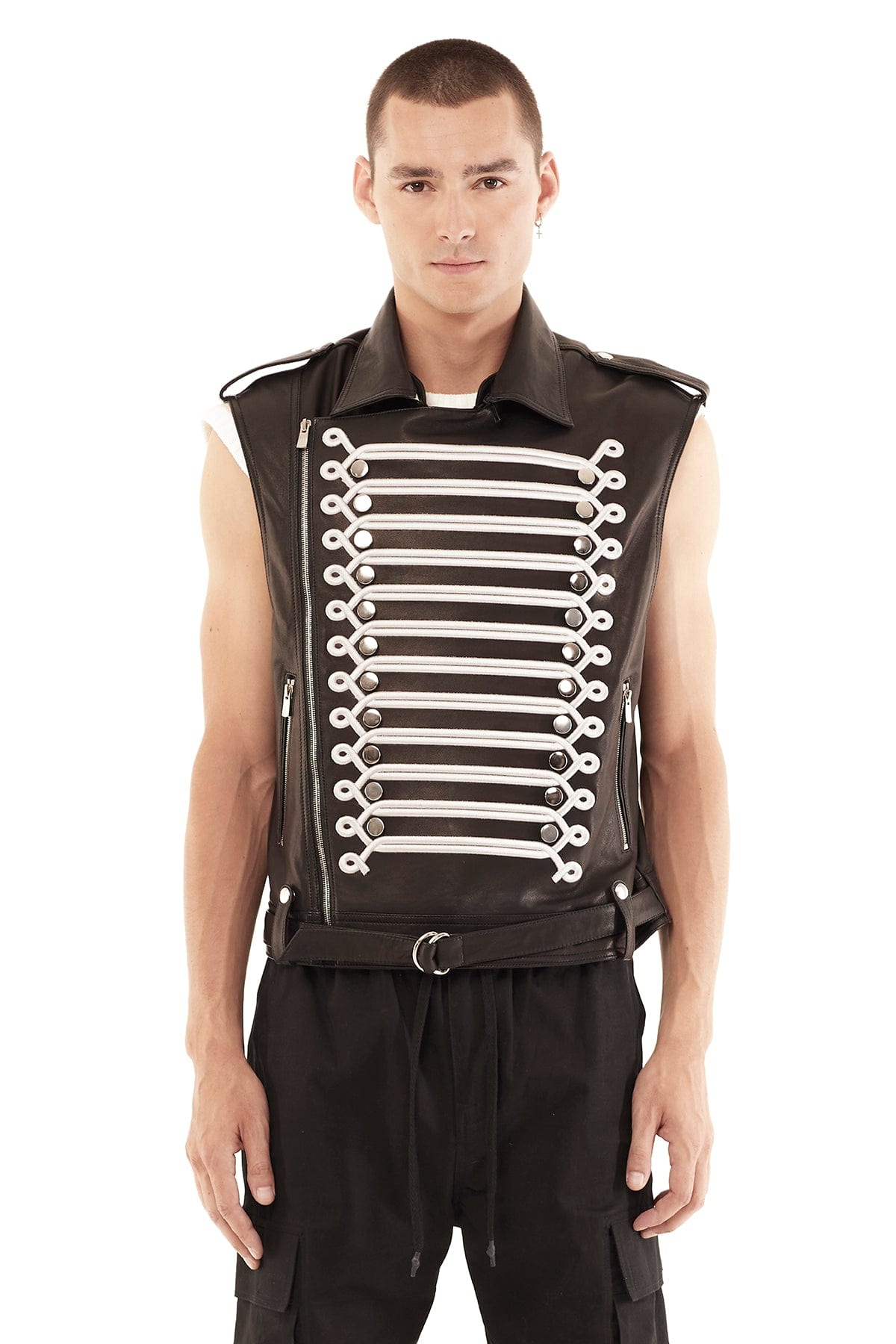 LEATHER MARCHING BAND VEST IN SILVER EMBROIDERY – JONNY COTA
