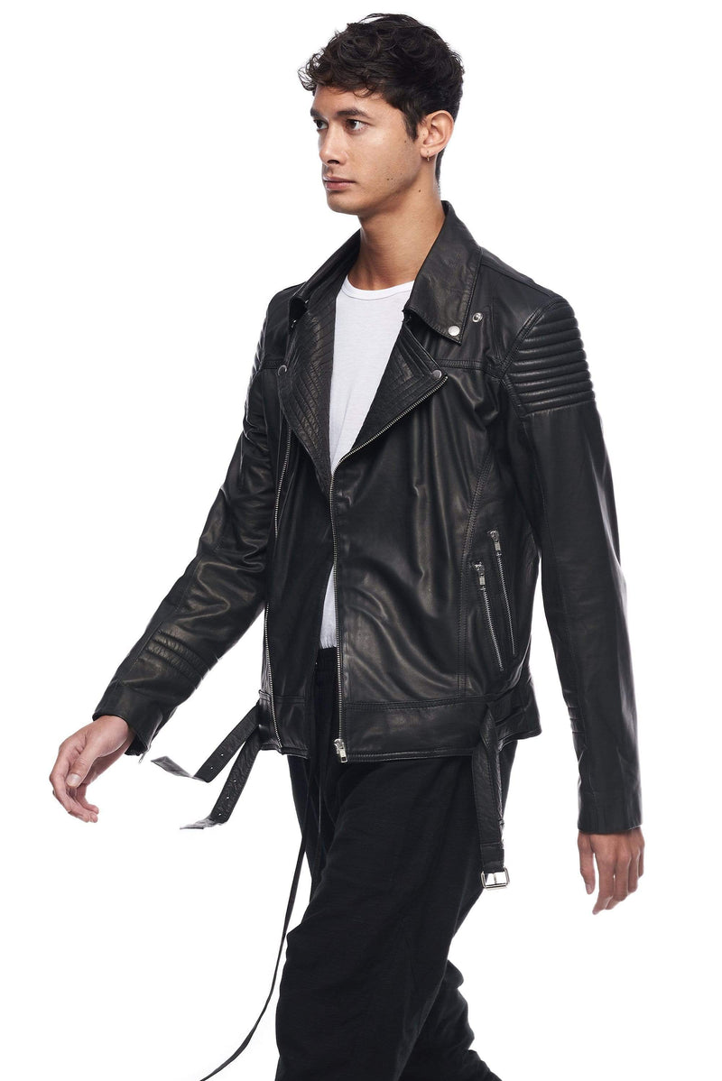 Men Black Motorcycle Genuine Leather Jacket with Shoulder Pads - Leather  Skin Shop