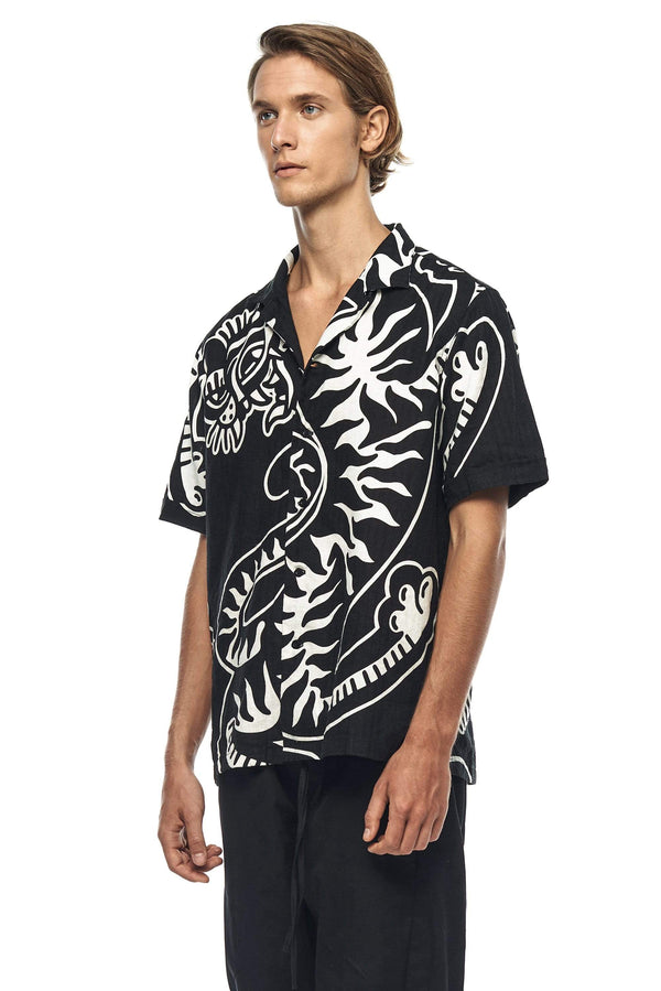 Prada Flames Hawaiian Bowling Shirt In Black for Men