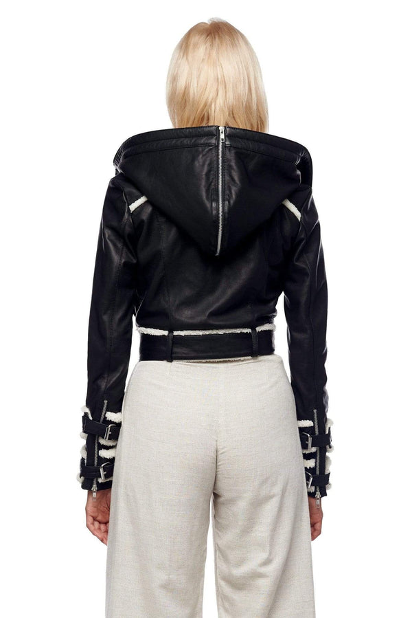 JONNY COTA WOMENS TOPS CROPPED LEATHER JACKET WITH HOOD