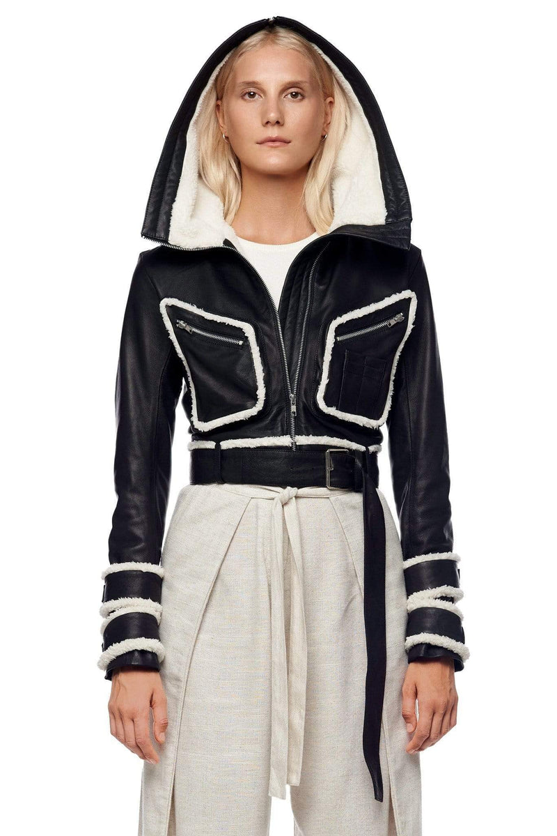 JONNY COTA WOMENS TOPS CROPPED LEATHER JACKET WITH HOOD